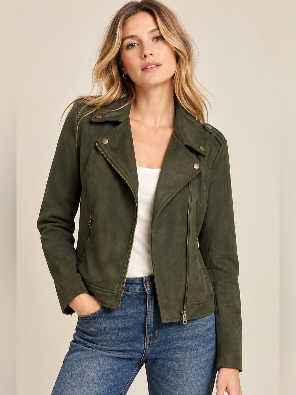 Banana Republic Vegan Suede Moto Jacket Size Large in Mallard Green